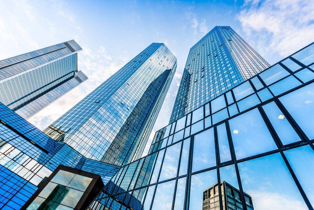 Bottom view of Deutsche Bank Twin Towers in the central business district of Frankfurt am Main